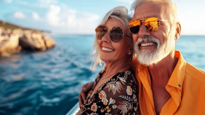 Happy Senior Couple Enjoying A Boat Trip At Sunset