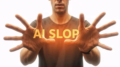 Man Holding Glowing AI Slop Text In Hands