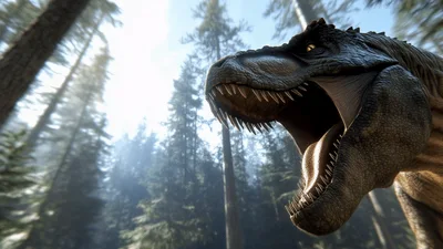 Cinematic Tyrannosaurus Rex Roaring In A Dense Forest