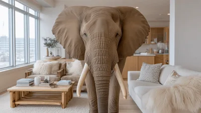 African Elephant Standing Inside A Modern Living Room