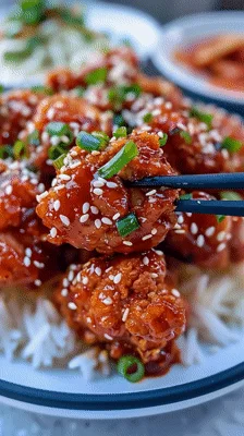 Close Up Of Korean Fried Chicken With Rice