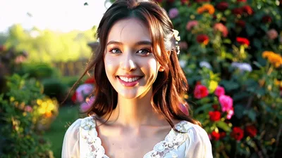 Smiling Young Woman Standing In A Flower Garden