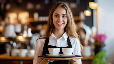 Smiling Female Barista Holding Tray With Coffee Cups