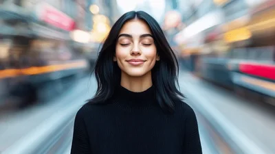 Serene Young Woman Standing In A Busy City Street