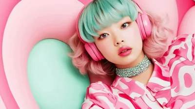 Young Woman With Pastel Hair Wearing Pink Headphones