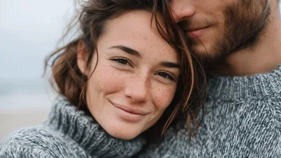 Close Up Portrait Of A Happy Couple In Sweaters