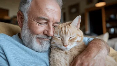 Senior Man Cuddling His Orange Tabby Cat