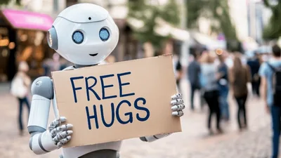 Humanoid Robot Holding A Free Hugs Sign