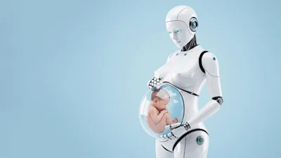 Futuristic Robot Mother Carrying Human Baby In Transparent Womb