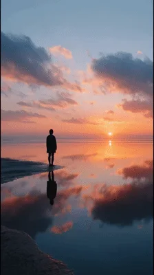 Silhouette Of A Person Standing By The Water At Sunset