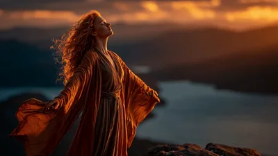 Woman With Red Hair Standing On Mountain At Sunset