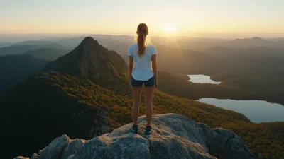 Woman Standing On Mountain Peak At Sunrise