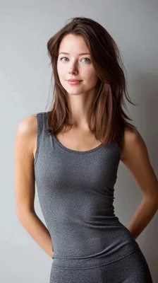 Young Woman Posing In Grey Athletic Tank Top