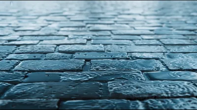 Raindrops Falling On Wet Cobblestone Street