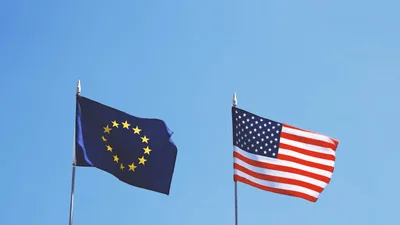 European Union and United States Flags Waving Together