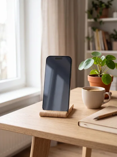 Smartphone On Wooden Stand On A Desk