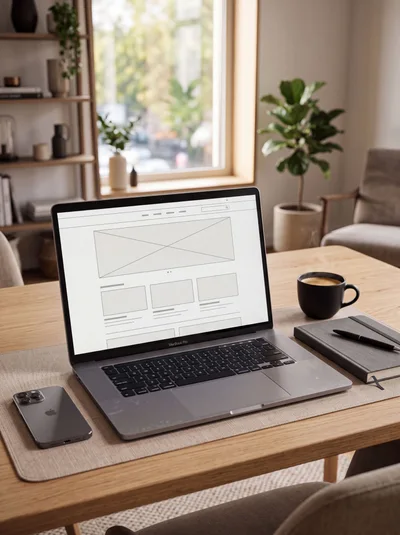 MacBook Pro With Wireframe Website Design On Desk