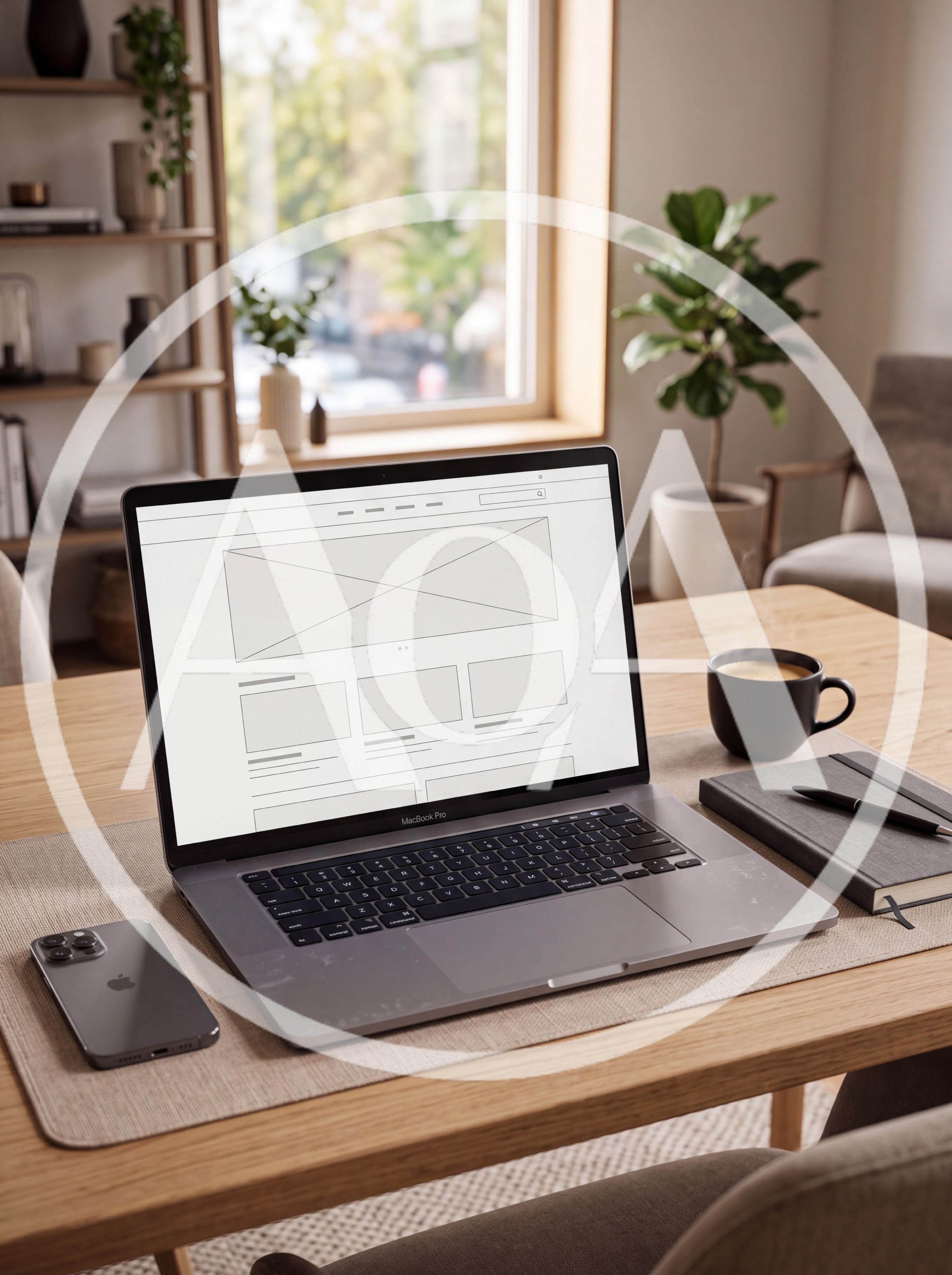 MacBook Pro With Wireframe Website Design On Desk