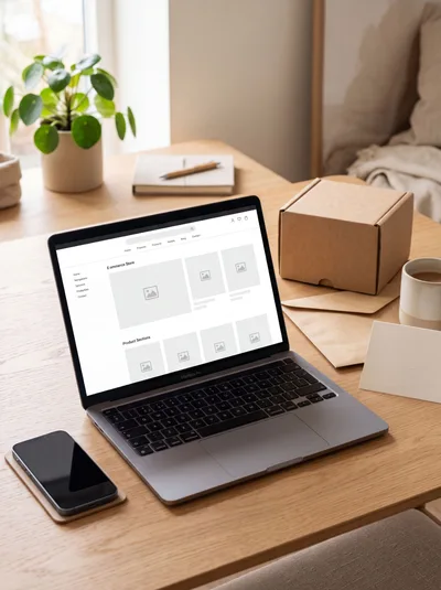 Laptop Displaying E-commerce Website Mockup on Wooden Desk