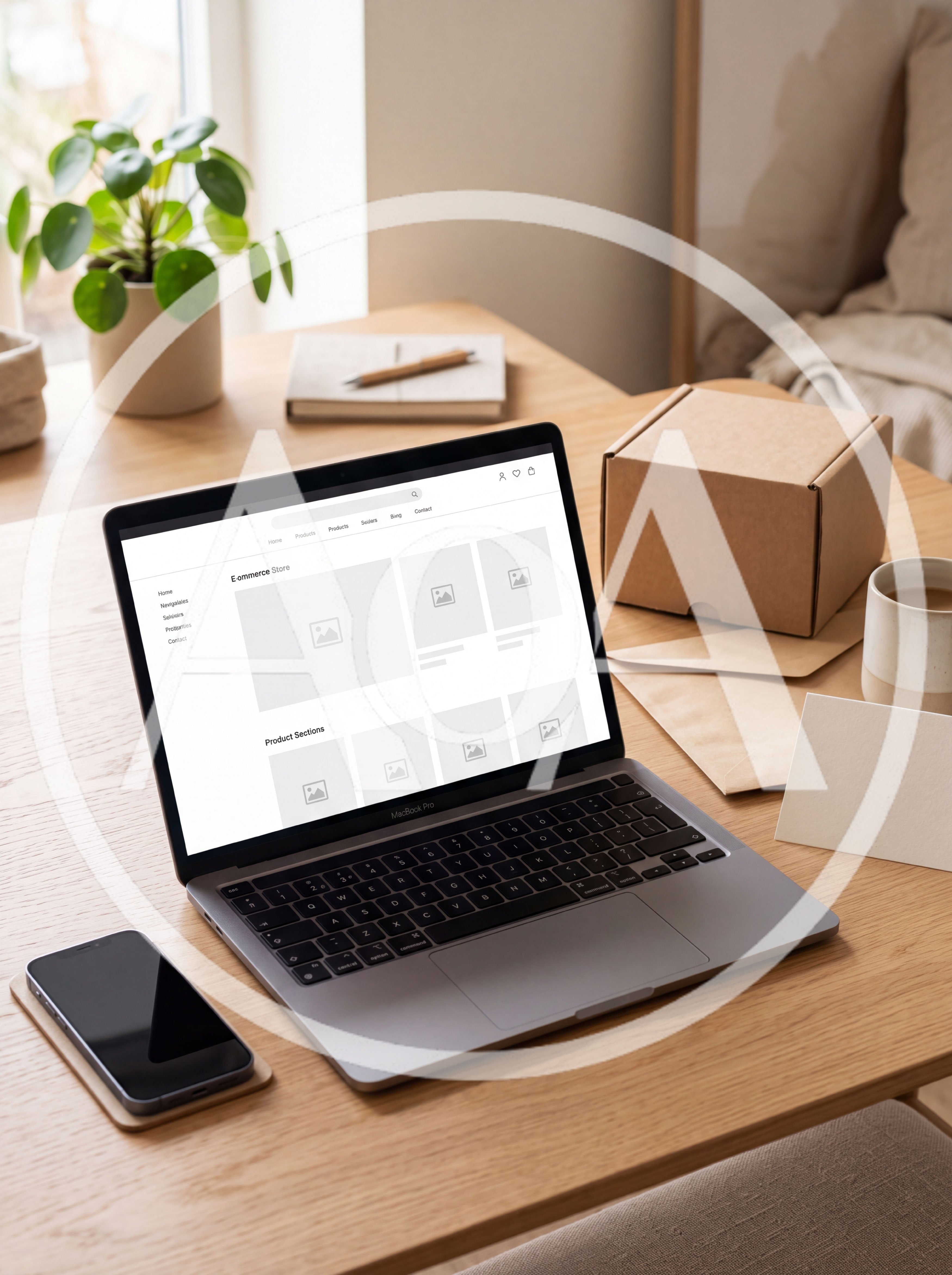 Laptop Displaying E-commerce Website Mockup on Wooden Desk