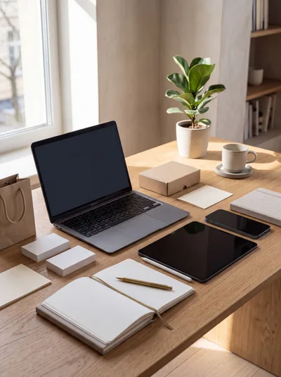 Minimalist Workspace With Laptop And Stationery On Wooden Desk