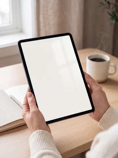 Person Holding Tablet With Blank Screen At Desk