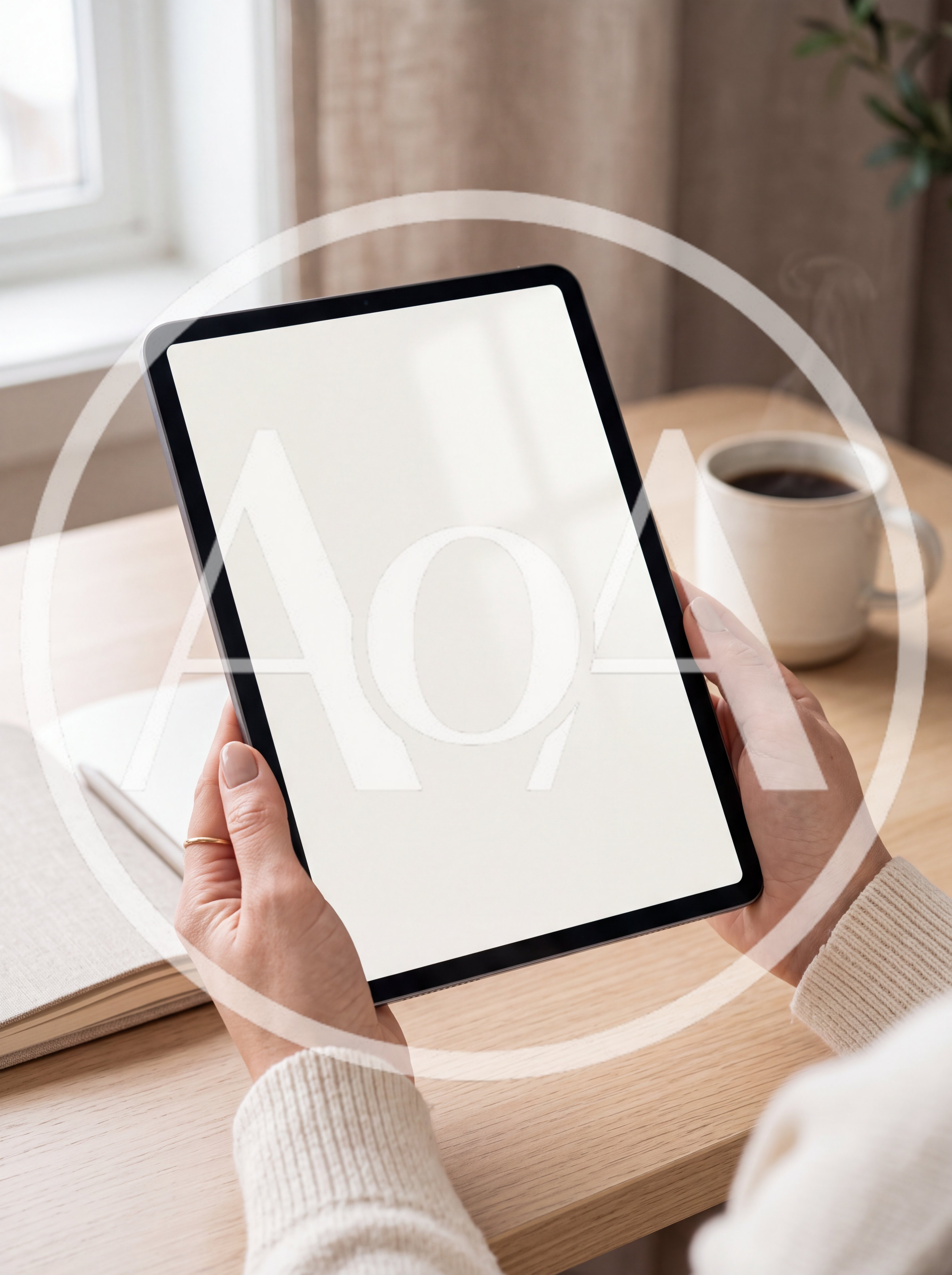Person Holding Tablet With Blank Screen At Desk