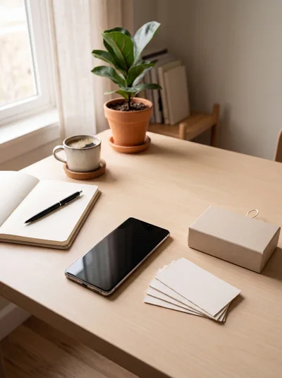 Minimalist Desk Setup With Smartphone And Stationery