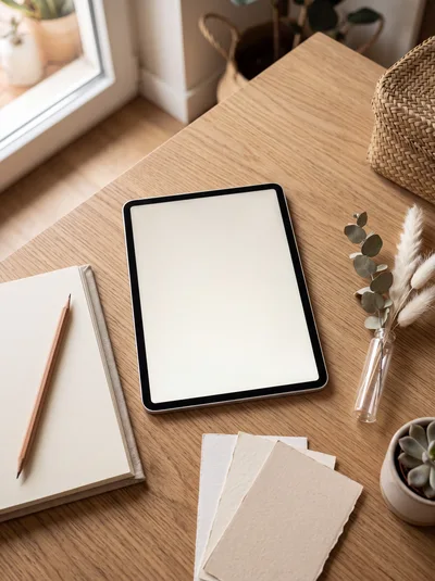 Digital Tablet And Stationery On A Wooden Desk