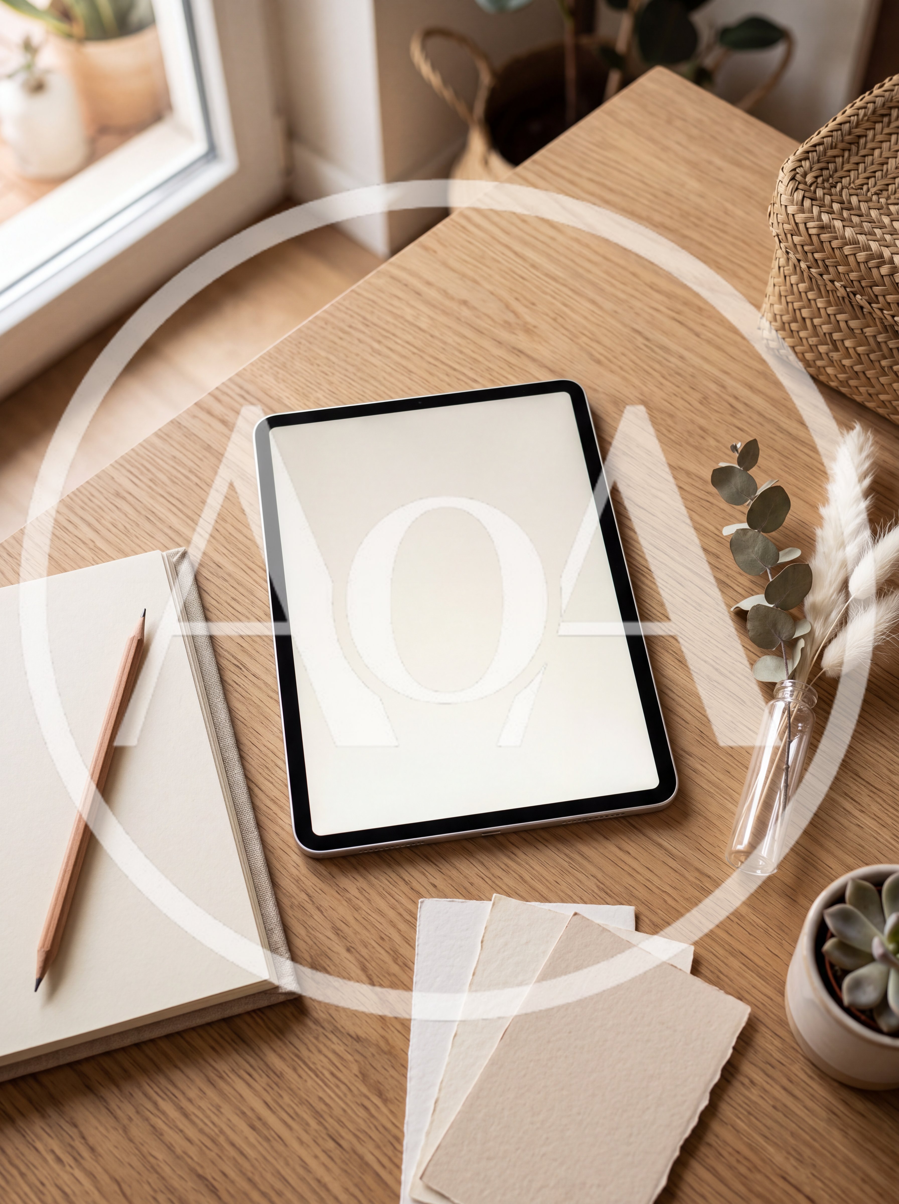 Digital Tablet And Stationery On A Wooden Desk