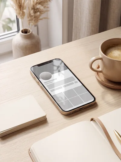 Smartphone With Social Media Profile Mockup On Desk