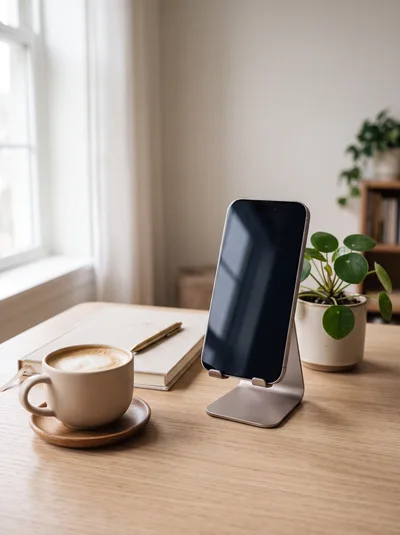 Smartphone On Desk Stand With Coffee And Notebook