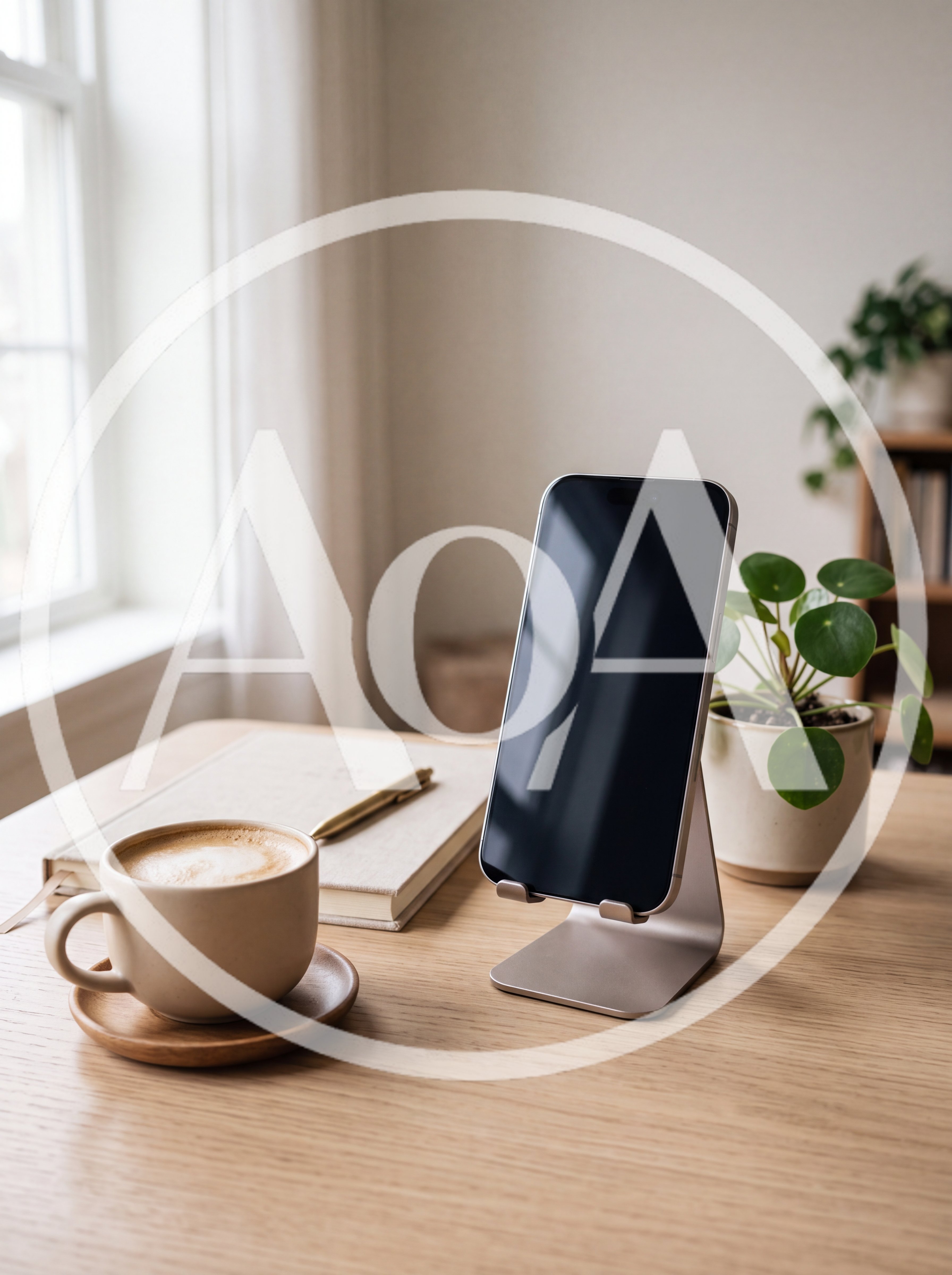 Smartphone On Desk Stand With Coffee And Notebook