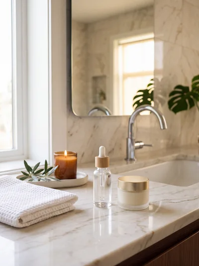 Skincare Products On A Marble Bathroom Countertop