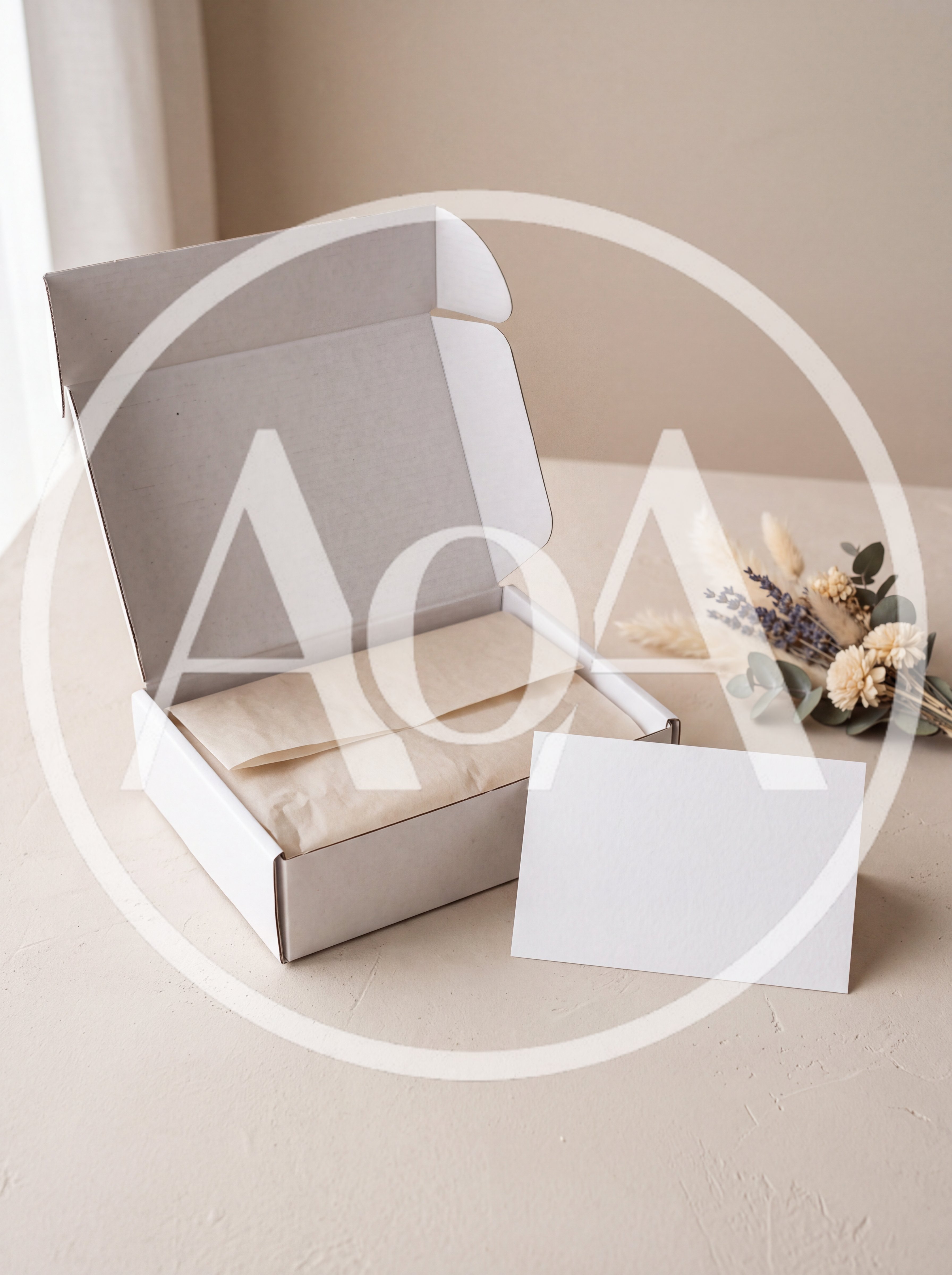 Open White Shipping Box With Blank Greeting Card