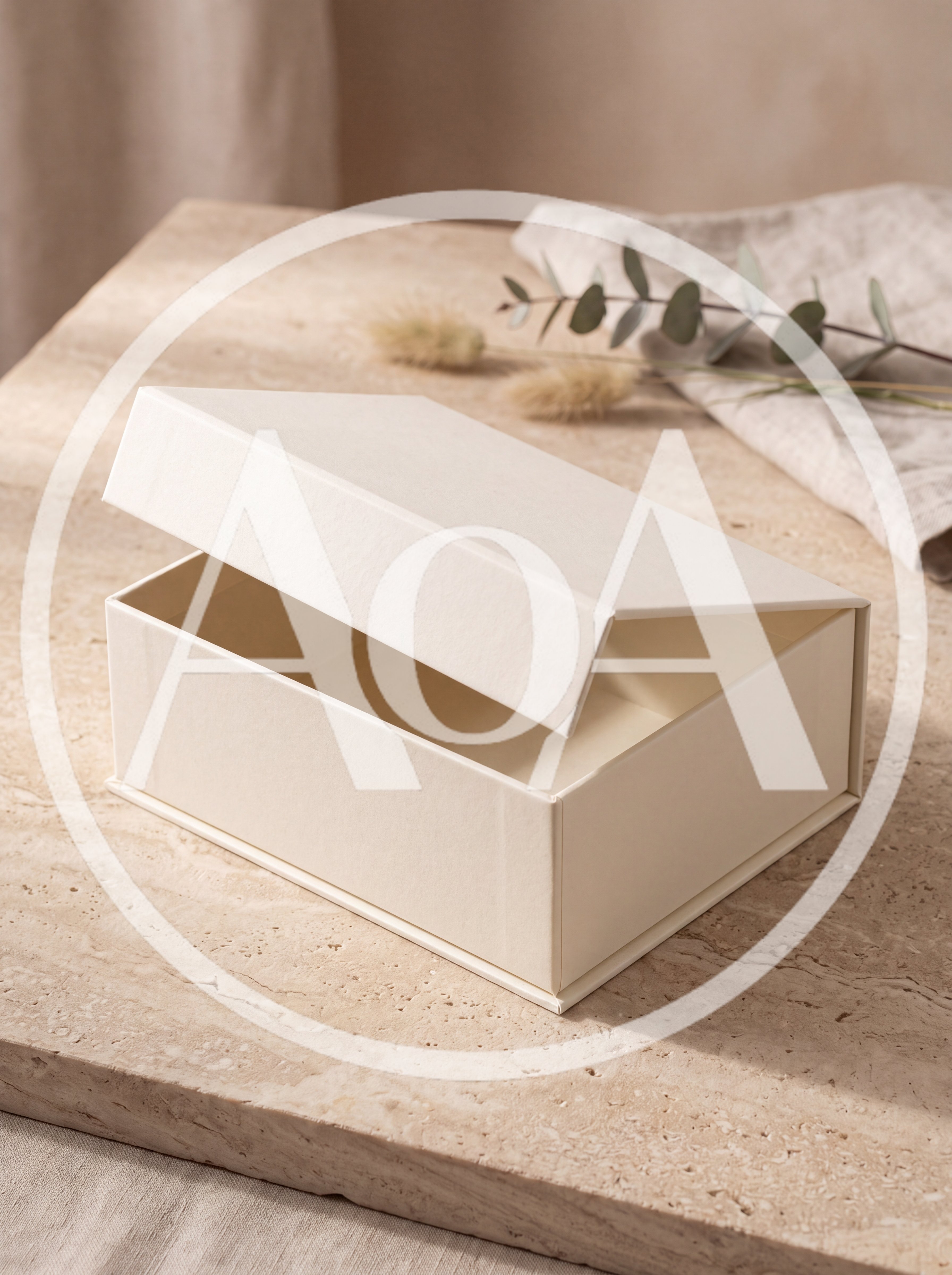 Empty Cream Colored Gift Box On Stone Surface