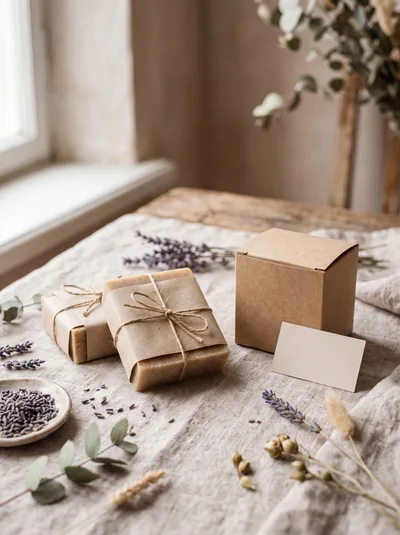 Handmade Soap Bars With Lavender And Kraft Packaging