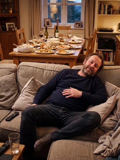 Middle Aged Man Relaxing On Sofa After Dinner