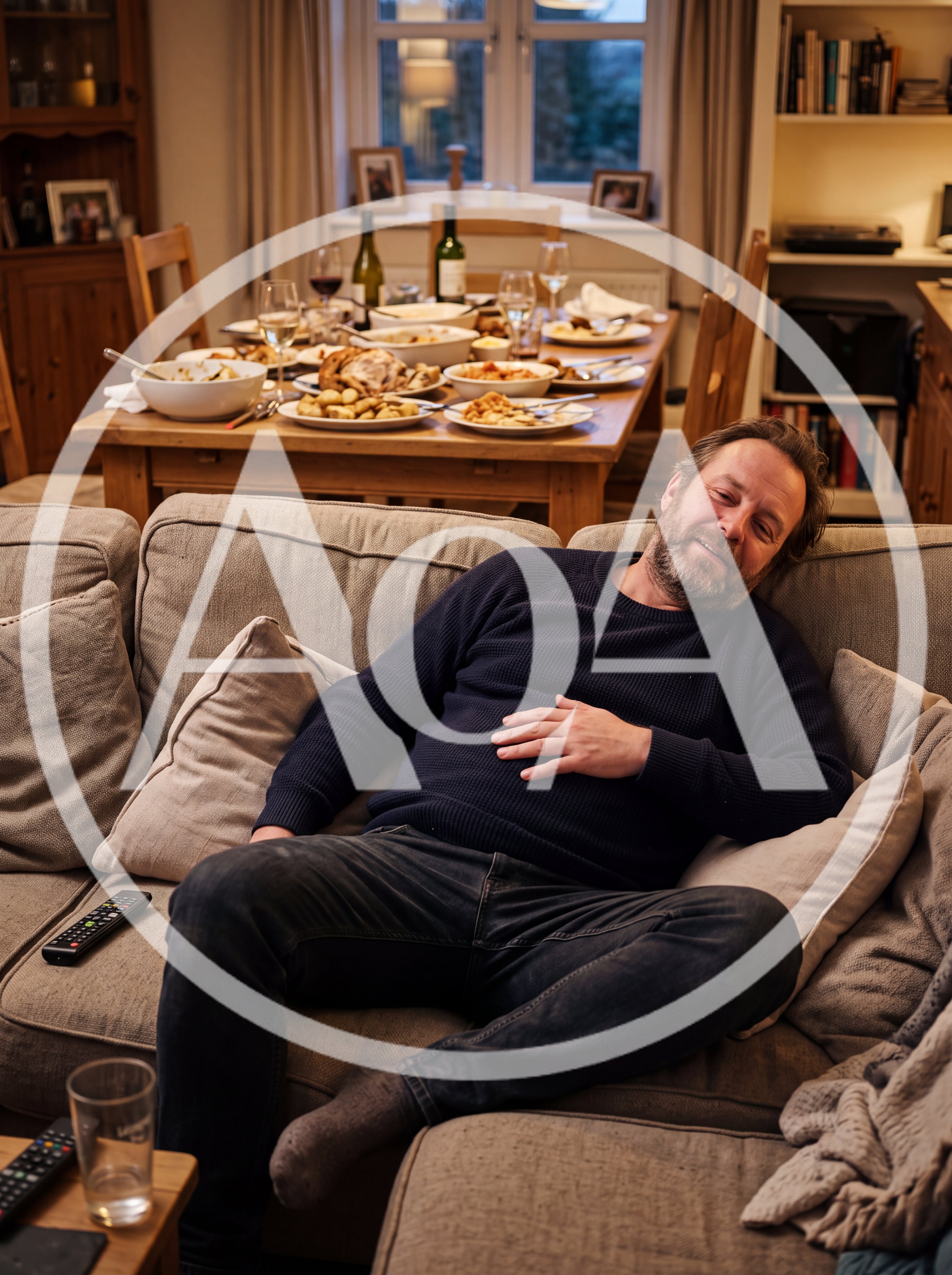 Middle Aged Man Relaxing On Sofa After Dinner