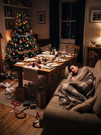 Woman Sleeping On Sofa After Christmas Dinner