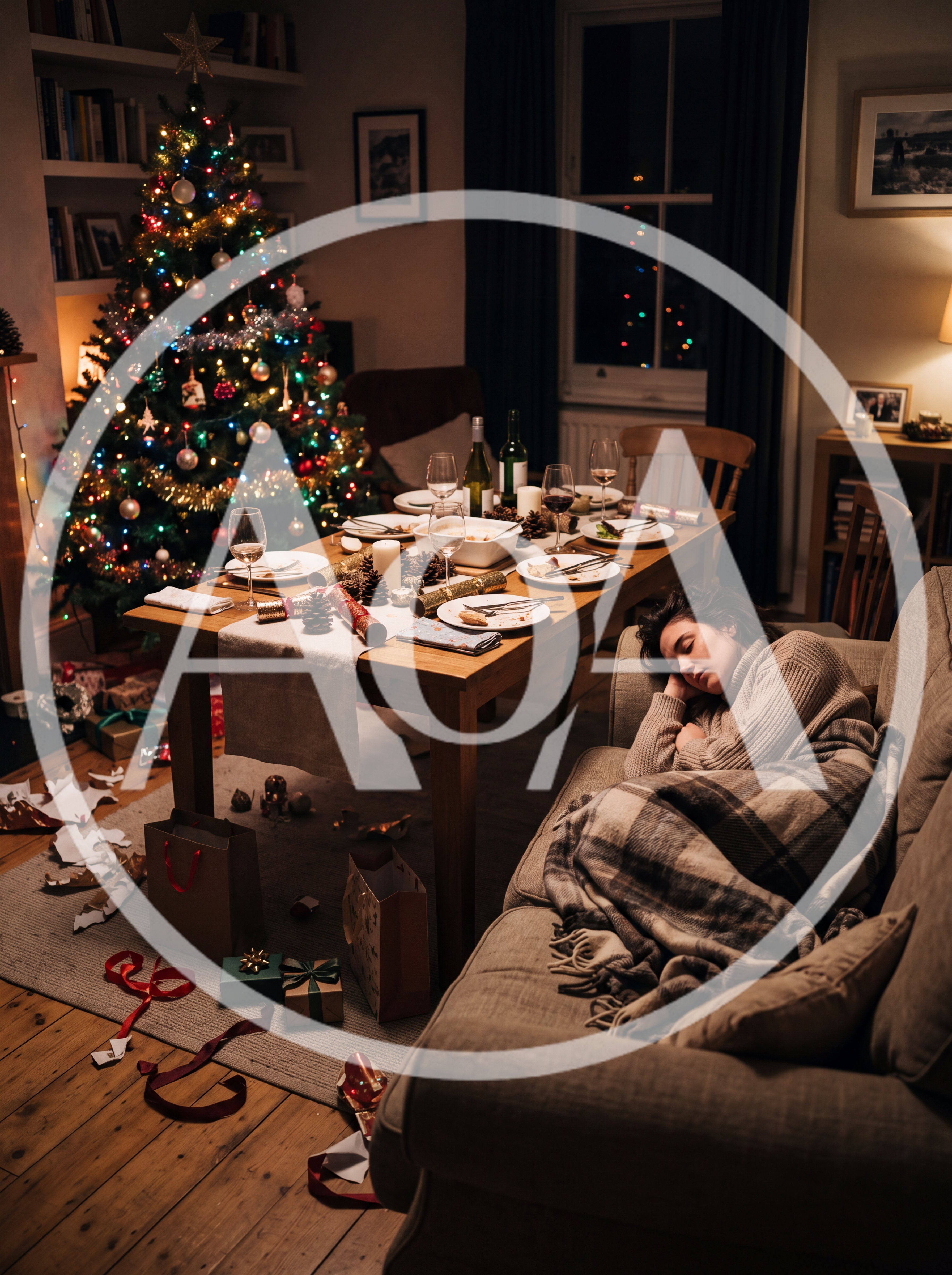 Woman Sleeping On Sofa After Christmas Dinner