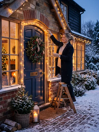 Woman Decorating House Exterior With Christmas Lights