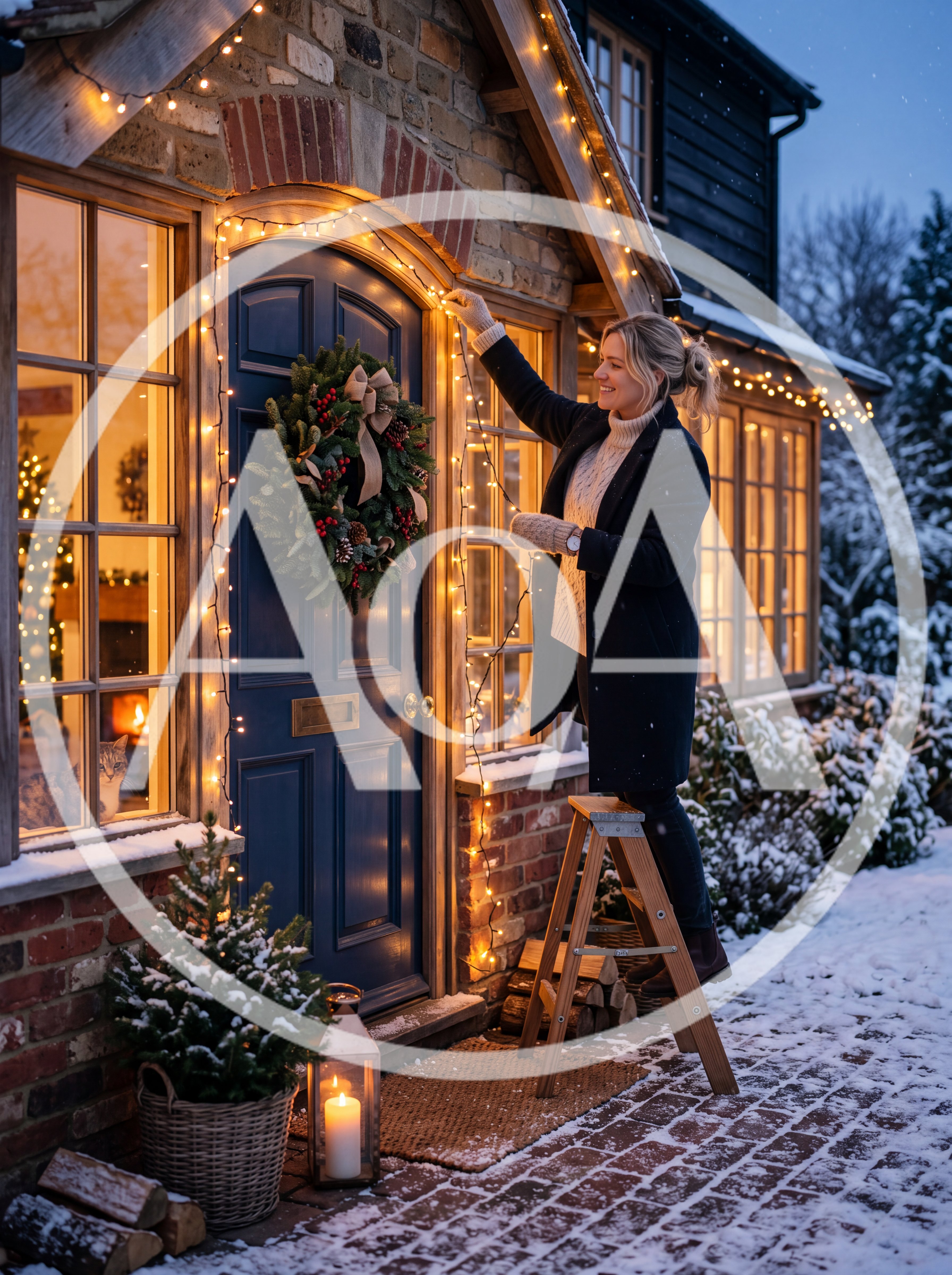 Woman Decorating House Exterior With Christmas Lights