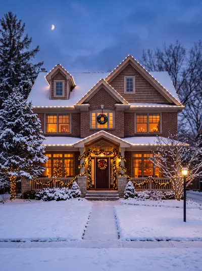 Beautiful Two Story Brick House Decorated For Christmas
