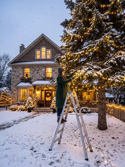 Woman Decorating Large Outdoor Christmas Tree With Lights