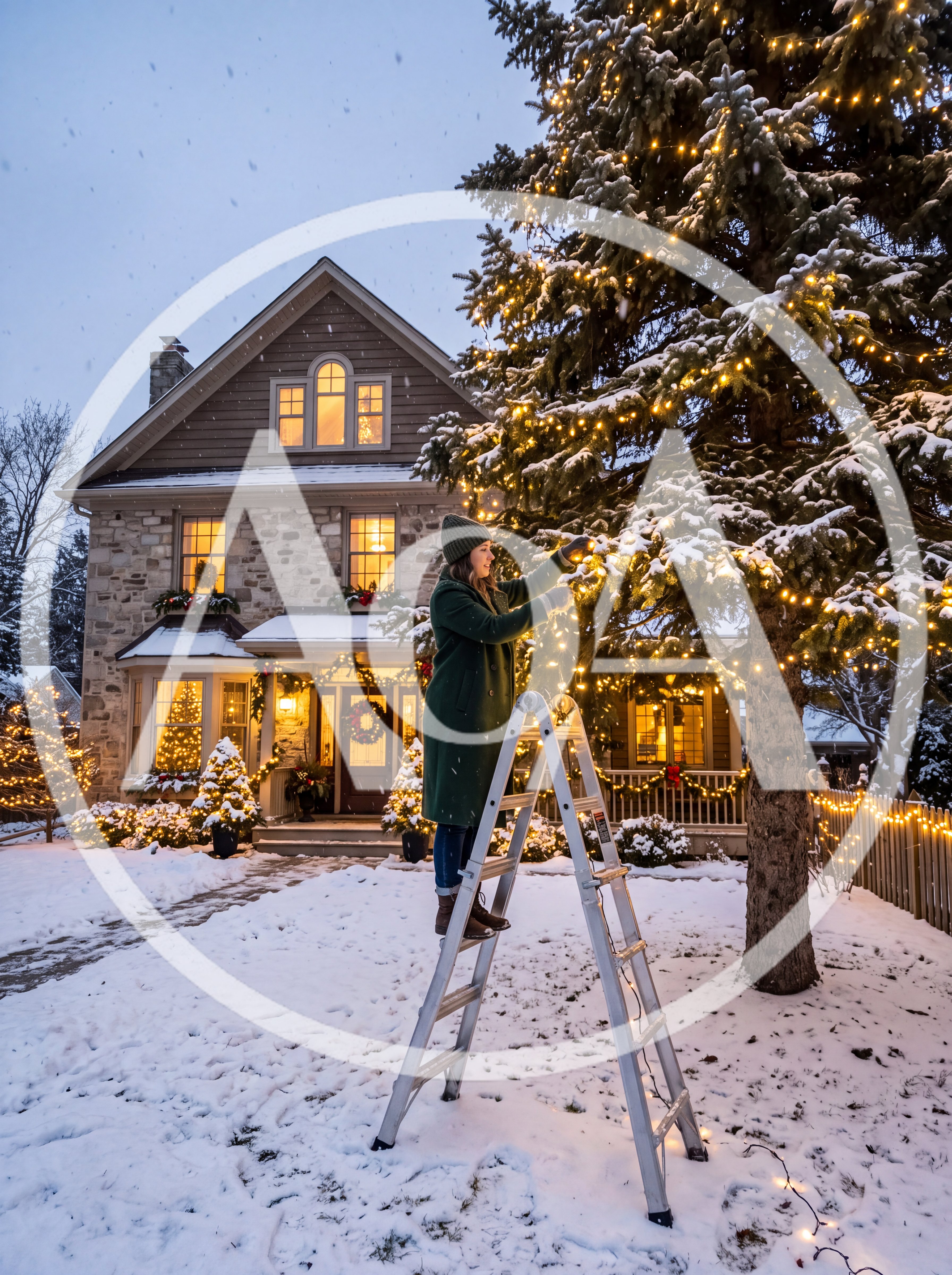 Woman Decorating Large Outdoor Christmas Tree With Lights