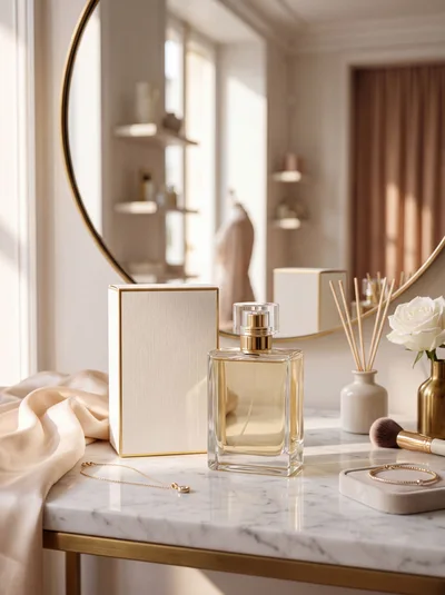Luxury Perfume Bottle and Box on Marble Vanity