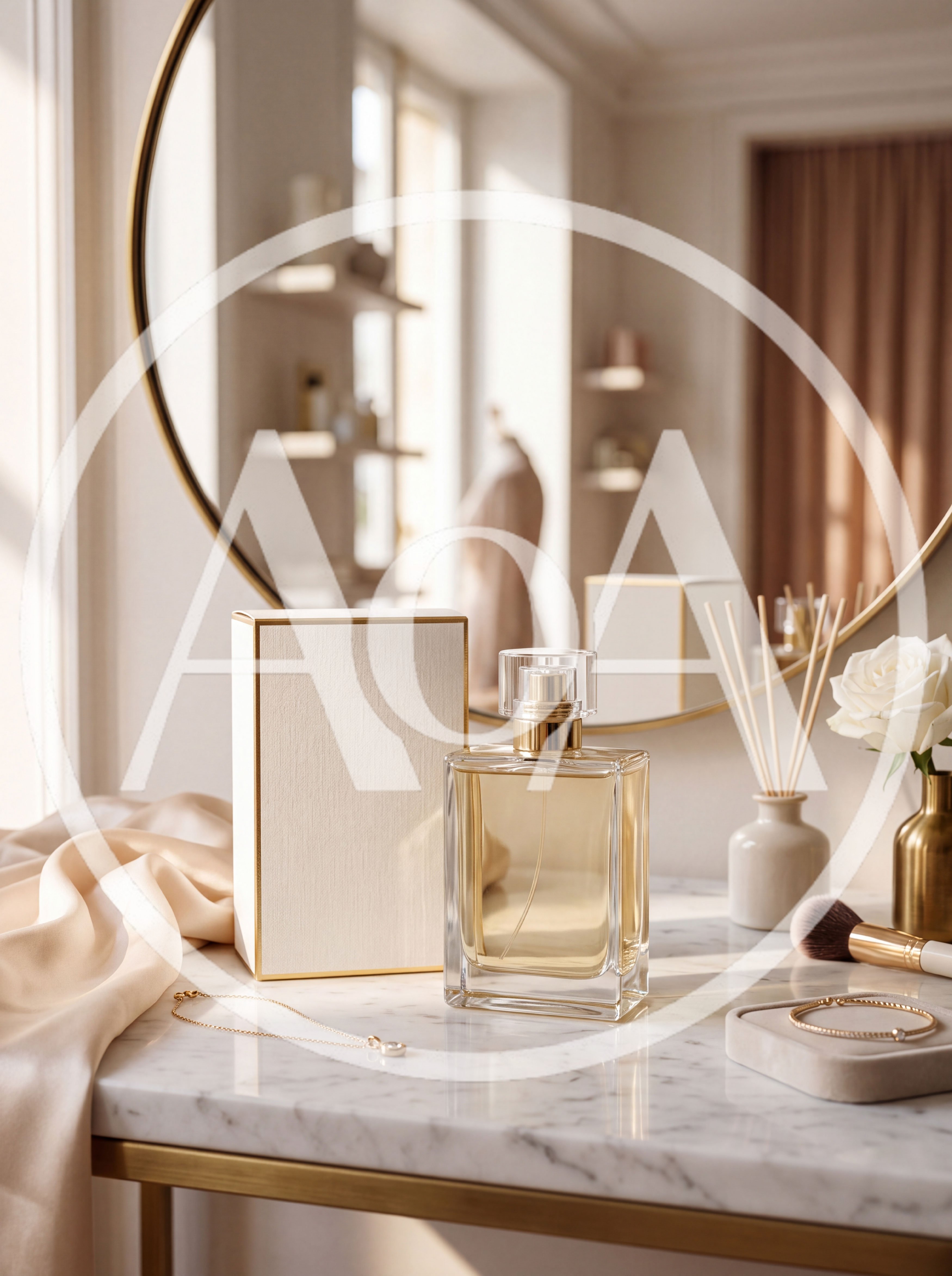 Luxury Perfume Bottle and Box on Marble Vanity