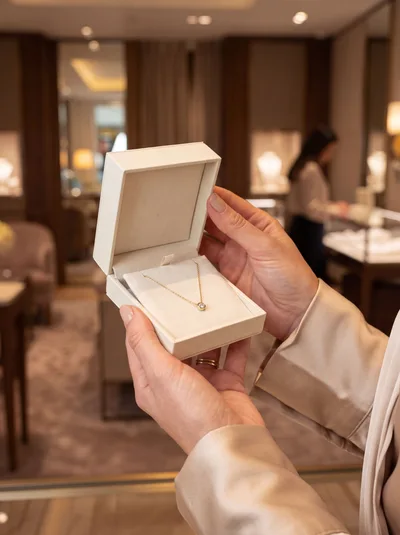 Woman Holding A Diamond Necklace In A Jewelry Store