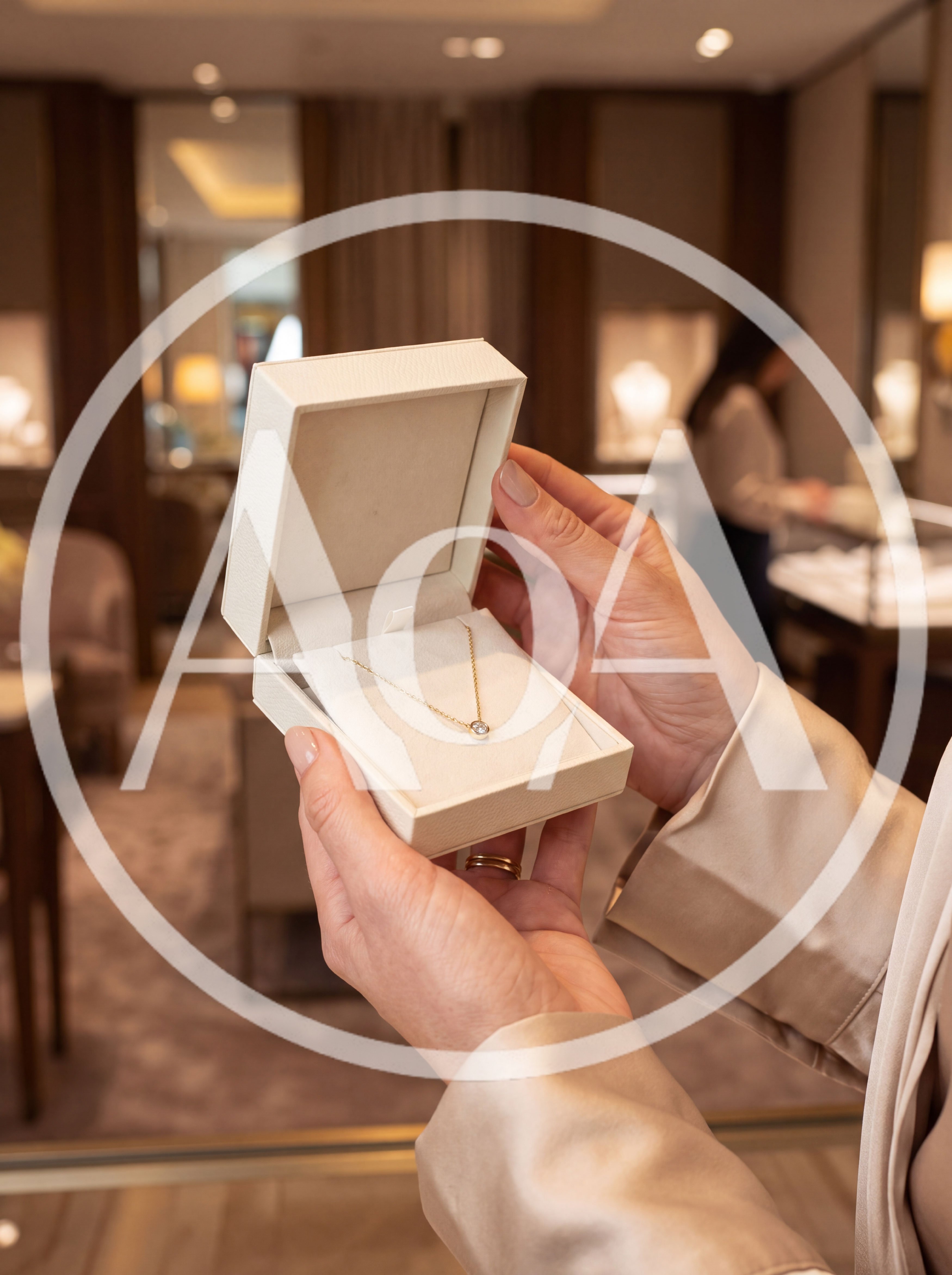Woman Holding A Diamond Necklace In A Jewelry Store